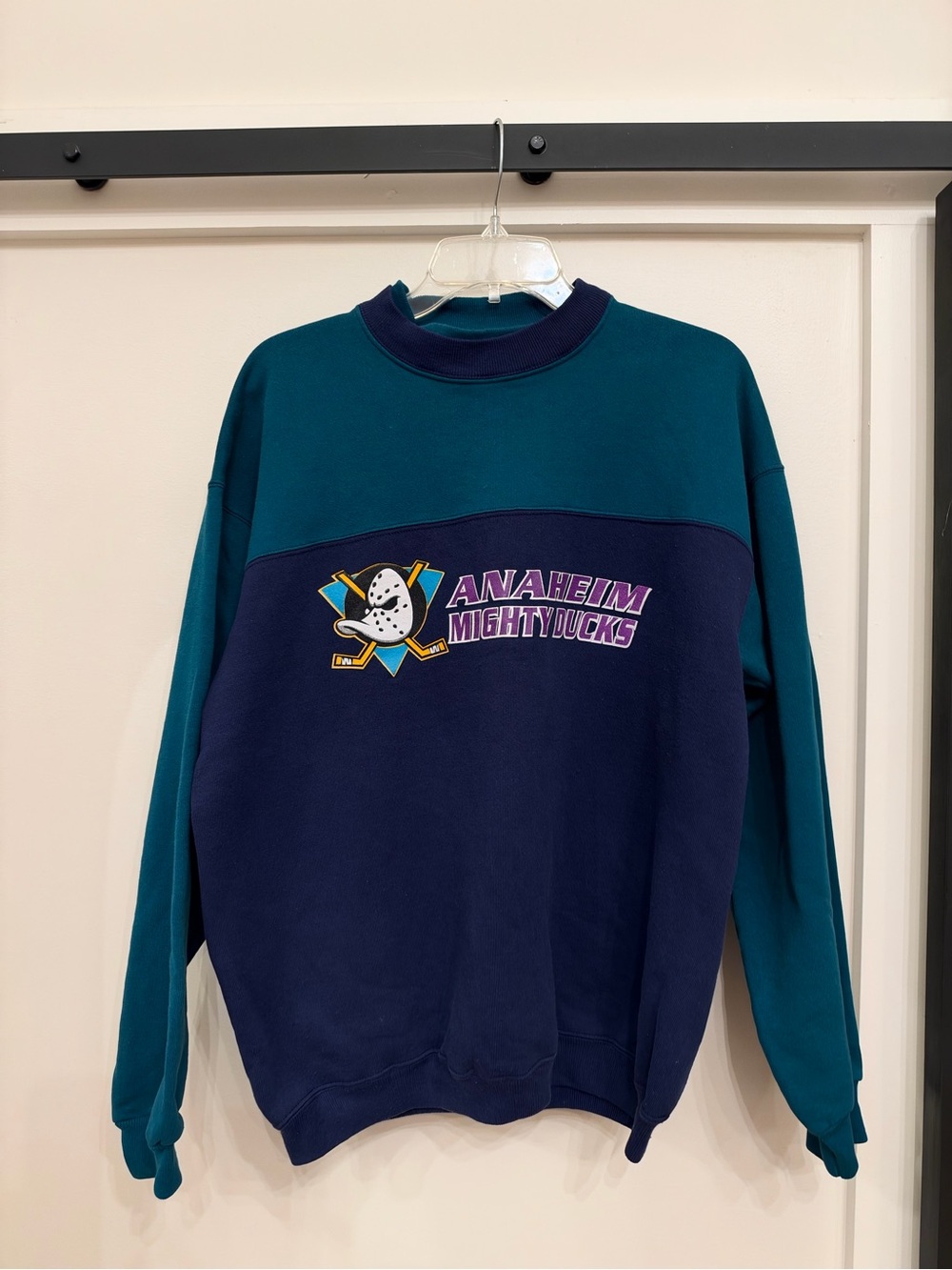Vintage 90s Anaheim Mighty Ducks Colorblock Crewneck Sweatshirt - Teal & Navy